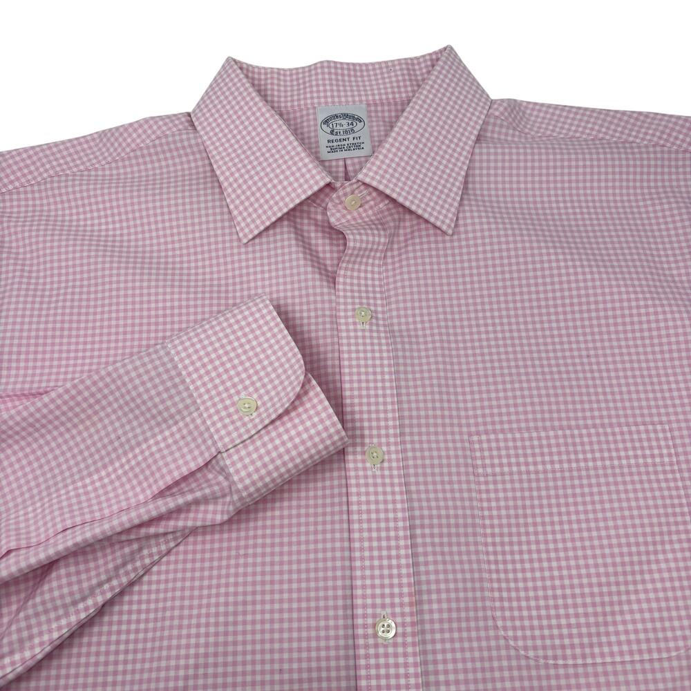 Brooks Brothers 17 1/2-34 Pink White Check Long Sleeve Button Up‎ Dress Shirt